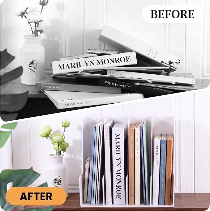 LALOBLUE White Vertical File Organizer, 4 Section Magazine Holder for Desk, Desktop File Folder Rack for Books, Magazines, Documents and Notebooks, Office Home School