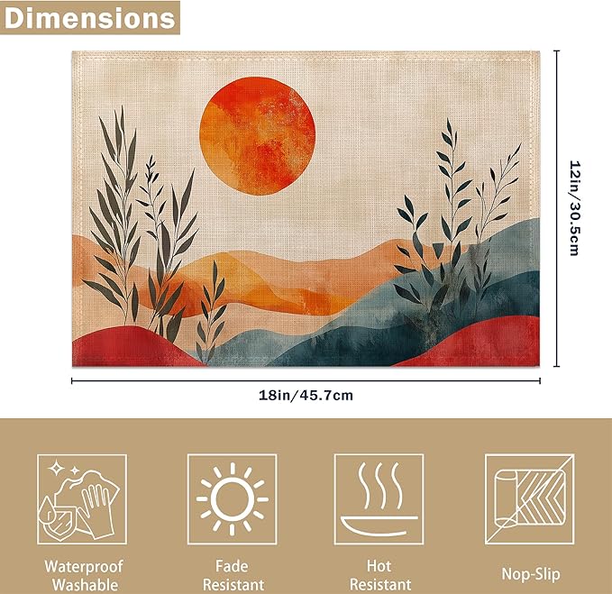 Boho Sunrise Abstract Sun Leaves Placemats Set of 6 Linen Table Mats, 12x18 Inch Washable Placemats for Dining Table, Non Slip Heat Resistant Mats for Kitchen Home Decor