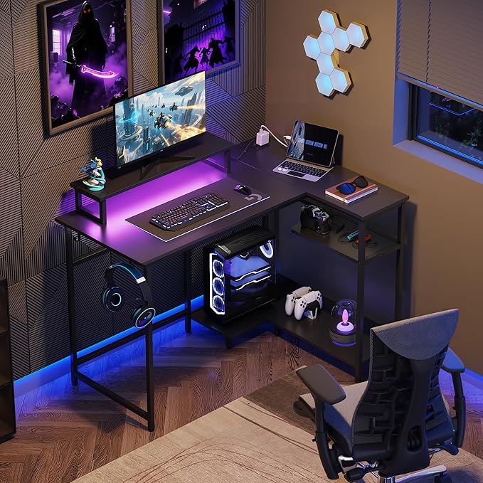 DEVAISE Compact 43" L Shaped Gaming Desk with LED Lights and Power Outlets - Corner Computer Table with Monitor Stand and Storage Shelves for Work and Gaming, Black