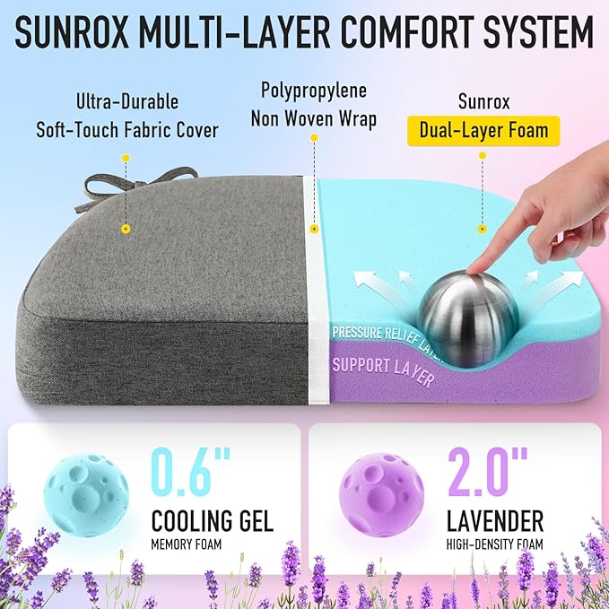 SUNROX Cooling Gel Memory Foam Chair Cushions, 2.6" Thick U-Shaped Dual-Layer Comfort Dining Chair Pads, Non Slip Seat Cushion with Ties for Indoor Kitchen Office 17"x16" Set of 8, Taupe