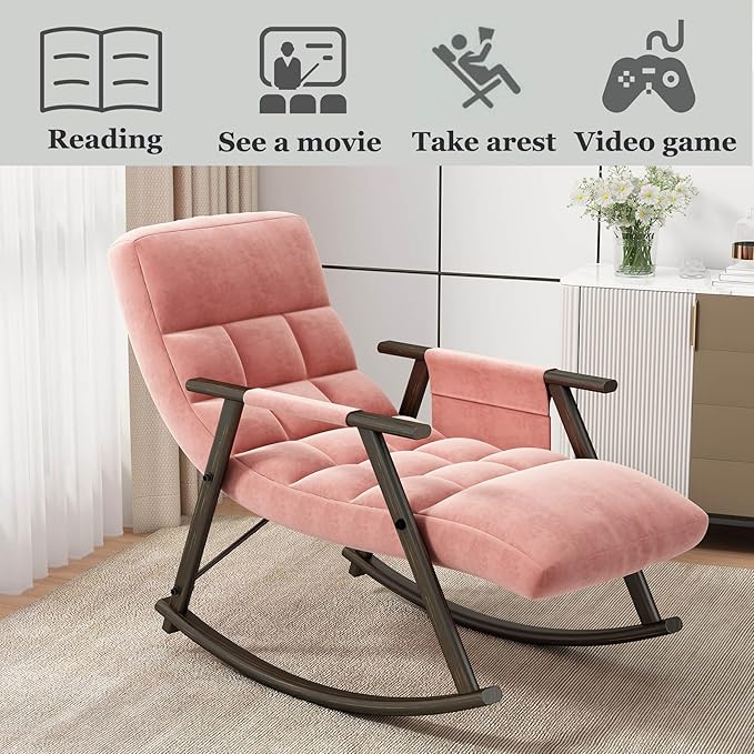 Folding Rocking Chair Nursery with Armrests, Upholstered Lounge Chair Indoor with Side Pocket, Adjustable High Back & Footrest, Glider Rocking Chair for Living Room, Bedroom, Balcony (Velvet, Pink)