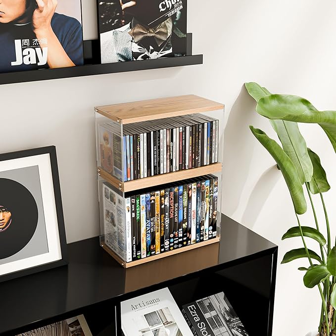 2Pack Stackable Wood Acrylic CD Holder Desk Rack Organizer Holds up to 60 CD Jewel Cases Media Storage Rack for Movie & Video Games Collections,Natural Wood