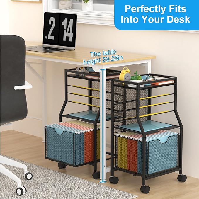 BOHDK Rolling File Cart, 6-Tier Desk File Organizer on Lockable Wheels, Black Wood Planks & Mesh Sliding Hanging Folder Drawer, Organization Cart for Office Home School