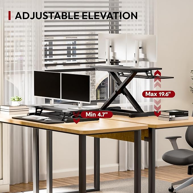 SANODESK 40" Desk Converter, Height Adjustable Sit to Stand Riser, Dual Monitor and Laptop Workstation with Wide Keyboard Tray, Modern Minimalist Design, Black