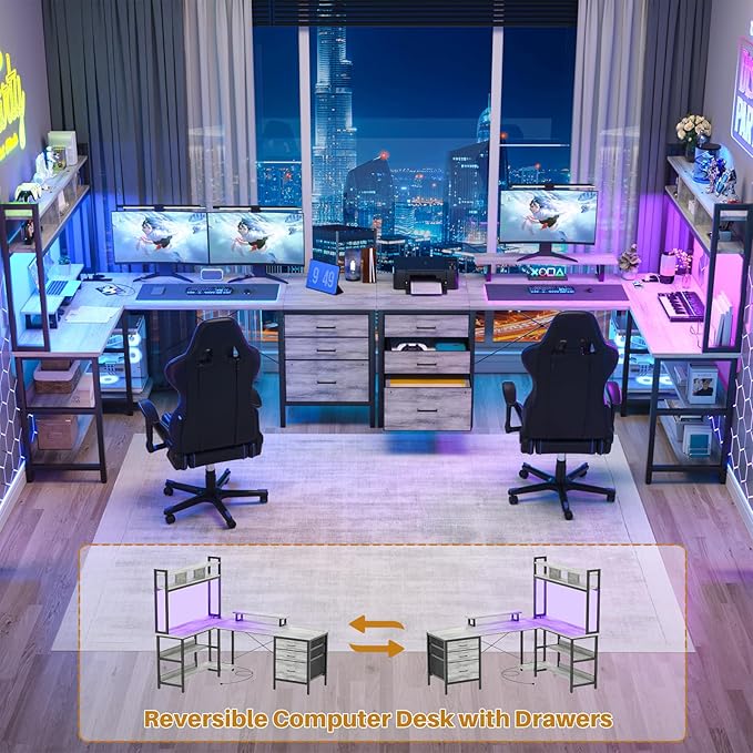 Aheaplus L Shaped Desk with Hutch, Gaming Desk with Led Lights, Reversible Computer Desk with Power Outlet, Corner Desk with File Drawer & Monitor Stand, Storage Shelves for Home Office, White Oak