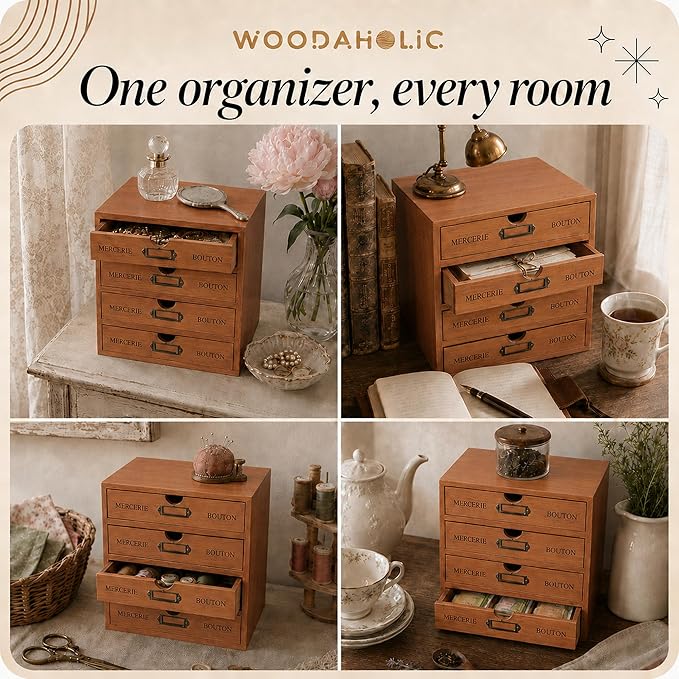 Modular Stackable Apothecary Cabinet 4 Drawer Desk Organizer - Retro Library Card Catalog Wood Storage Box - Organize Stationery, Thread Embroidery, Sewing, Crafts, Junk Drawer & Supplies Countertop