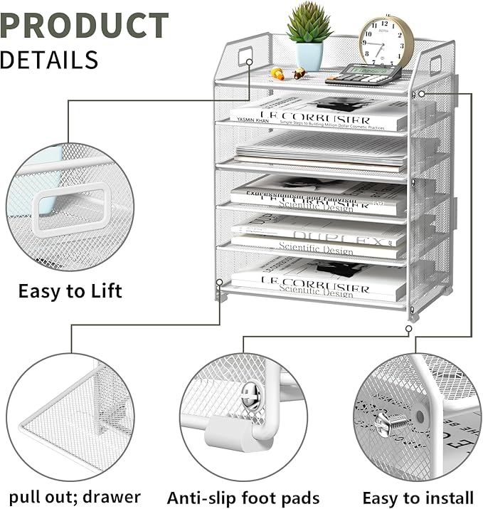 6 Trays Paper Organizer Letter Tray with Pull-Out Drawer, Assembled Mesh Desk File Holder, Metal Paper Sorter for Office Documents, White