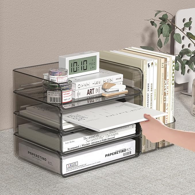 FANXIYQ 4-Tier Horizontal Acrylic Paper Tray Organizer with Booends | Clear Stackable Desk Organizer for Documents, Letters, A4 Paper | Modern Office/Classroom/Home Organization,Brown