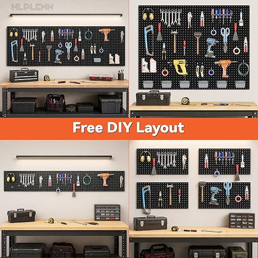 Metal Peg Board 6Pcs, 48"x36" Pegboard Wall Organizer with 140Pcs 1/4" Pegboard Hooks & Accessories, Steel Pegboard Tool Storage System for Garage Workshop Shed, Black