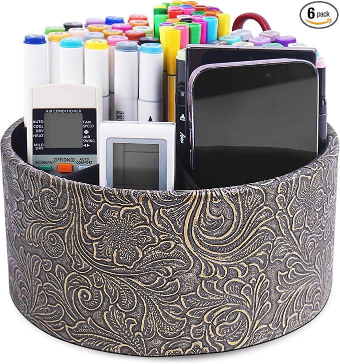 lizimandu Remote Control Holder, 360°Spinning PU Leather Desk TV Remote Caddy,Desk Storage Box Room Accessories for Controller, Media,Mail,Calculator, Mobile Phone,Pencil(1B-Carved Cooper Gold)