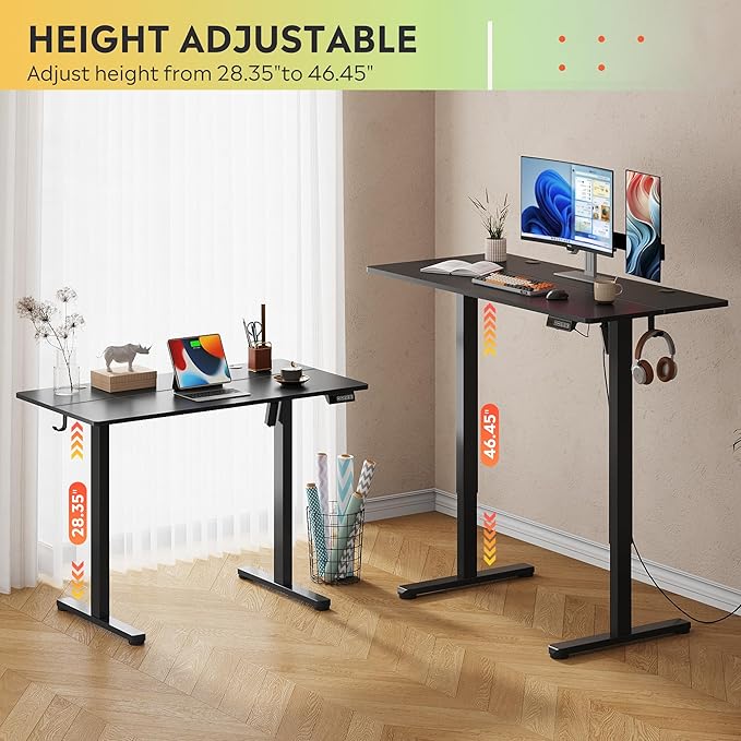 DEVAISE 48 Inch Electric Standing Desk, Adjustable Computer Desk for Home Office, Ergonomic Sit to Stand Desk with LED Touchscreen，Headphone Hook, 3 Memory Preset, with Split Top, Black