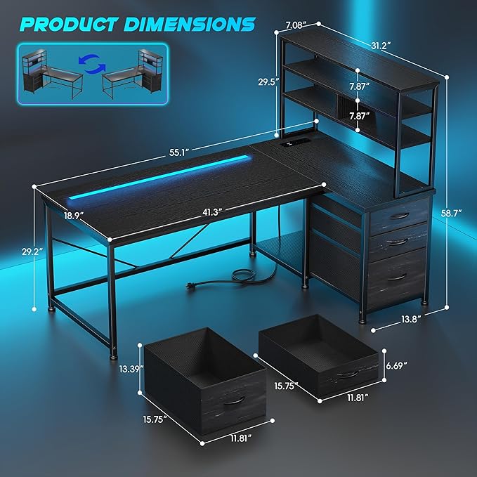 DurayLoly 55''Gaming Desk L Shaped Desk with 3 Fabric Drawers & Shelf, Reversible Computer Desk with Remote LED Lights, Power Outlet of Home Office Desk for Bedroom,Dorm,Black