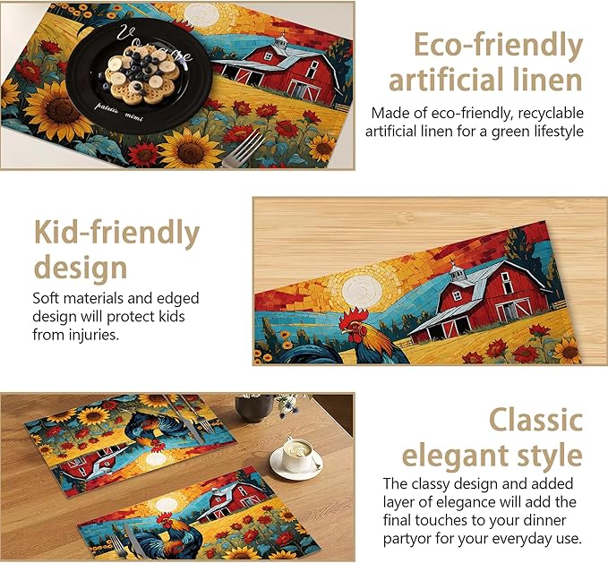 Painting Sunflowers Rooster Table Placemats Set of 6, Linen Placemats 12x18 Inch, Washable Non Slip Heat Resistant Mats for Dining Table Kitchen Indoor Use