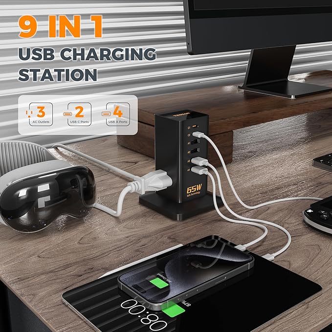 Charging Station for Multiple Devices, TESSAN 9-in-1 USB C Power Strip for iPhone 17/16/15, MacBook, Tablet, Desktop Phone Fast Charger with 3 AC, USB Charger, Home Drom Office Accessories, Black-65W