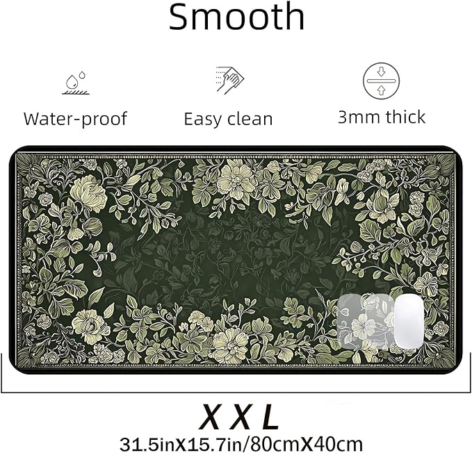 Deep Green Floral Mouse Pad XXL, Vintage Plant Desk Pad, Large Gaming Desktop Anti Slip Mats, Laptop Mat Mousepads with Stitched Edges, Suitable for Office Gaming Home Desktop Decor 31.5"X15.7"