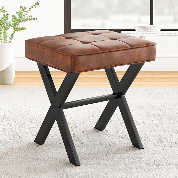 LUE BONA Vanity Stool, Square Faux Leather Makeup Stool with Metal X Legs, Small Ottoman Stool Chair for Vanity, Modern Padded Vanity Seat Foot Rest Stool for Makeup Room, Living Room, Reddish Brown