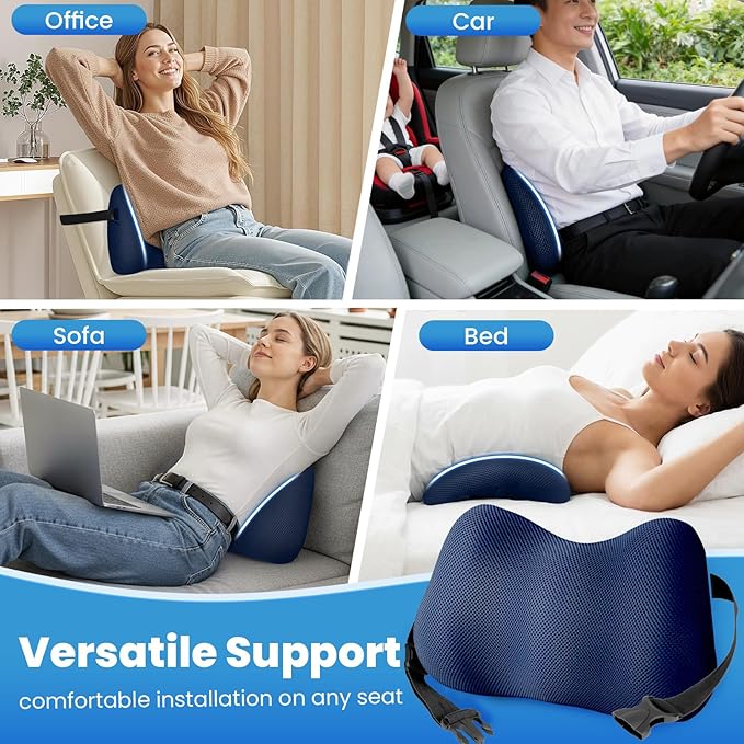 Lumbar Support Pillow for Office Chair, Memory Foam Lower Back Support, Ergonomic Lumbar Pillow with Adjustable Strap, Breathable Cover (Blue)