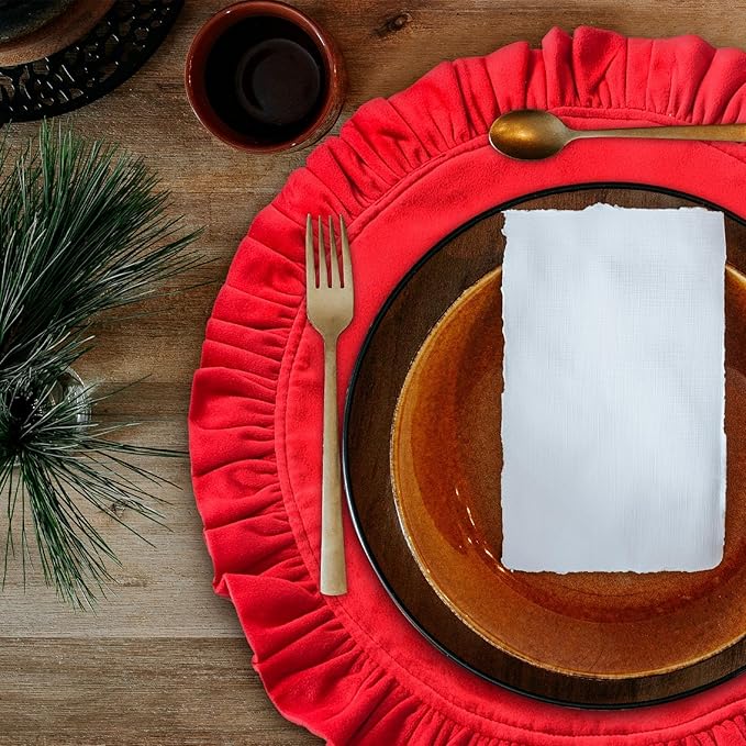 15 Inch Velvet Round Placemat with Ruffle for Dining Table Outdoor Placemats Non-Slip Washable for Gathering, Occasional Decoration and Family Parties Celebrations Set of 4, Red