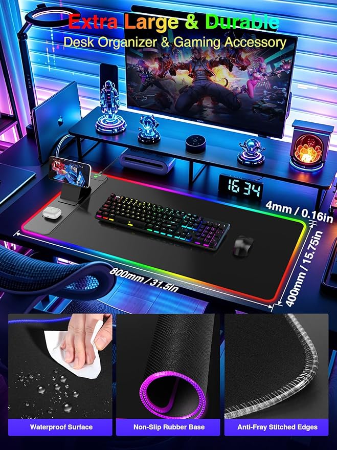 4-in-1 RGB Gaming Mouse Pad with Magnetic Wireless Charging & Phone Stand, 31.5"x15.8" Large, 24 Light Effects, Non-Slip Base, Waterproof Ultra-Smooth Surface, No Adatper