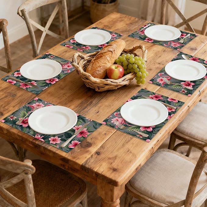 Tropical Pink Flamingo Placemats Set of 6 Linen Table Mats, 12x18 Inch Washable Placemats for Dining Table, Non Slip Heat Resistant Mats for Kitchen Home Decor