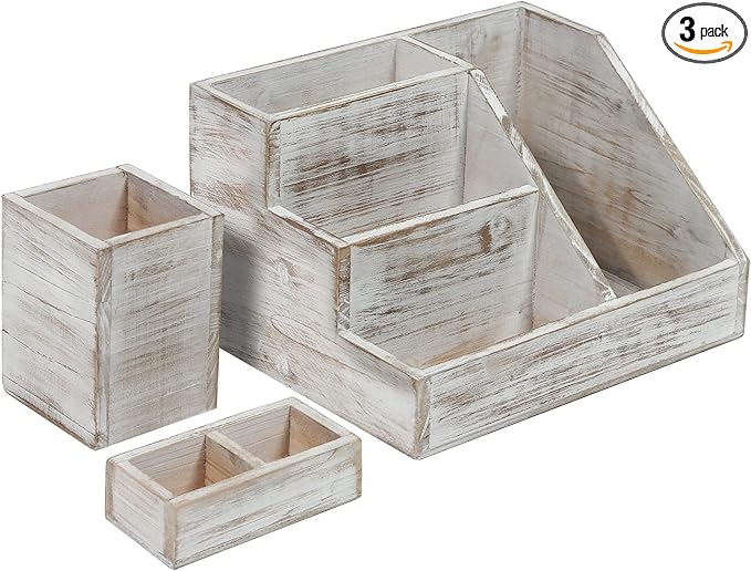 HBCY Creations Rustic Wooden Desk Organizer Set, 3-Piece Whitewashed Mail Organizer for Desktop - Great for Rustic or Industrial Home Decor