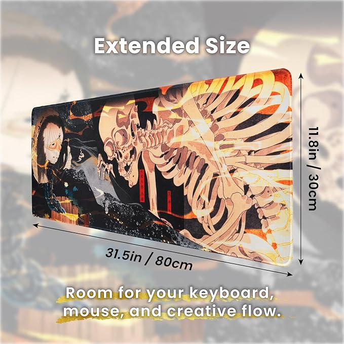 BELLEMOND Japanese Art Desk Mat | Large 31.5x11.8in Anime Mouse Pad for Keyboard & Mouse | Non-Slip Base, Water-Repellent | Original Japanese Design | Yokai Rising