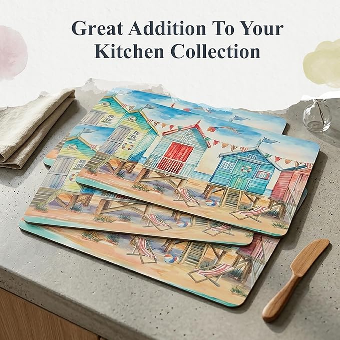 Pimpernel Beach Huts Placemats, Set of 4 - Durable Table Mats with Cork Back, Heat & Stain Resistant for Dining, Kitchen, Entertaining & Coastal Summer Style & Table Décor (12" x 16")