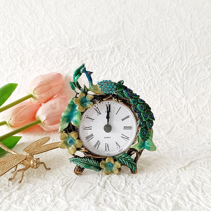 Vintage Mini Analog Table Clock, Silent Small Table Clock with Hand-Painted Metal Body and Battery Operated Non-Ticking Clock Core for Shelf, Bedroom, Bedside, Desk, Gift Clock