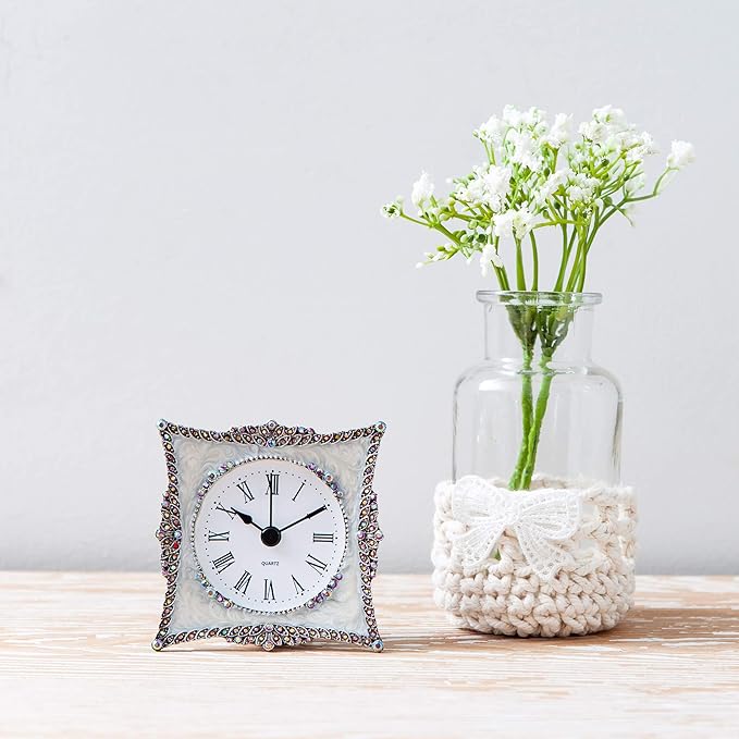 NIKKY HOME Crystal Elegant Small Quartz Analog Table Clock with Rosy Rhinestone Non-Alarm Desk Clock 3.5 by 1.5 by 3.5 Inches, White and Pink