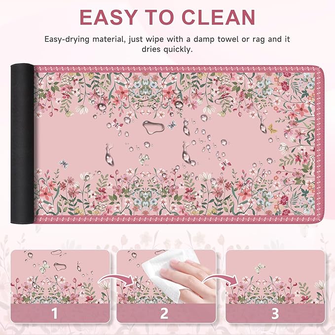 iCasso Desk Mat Pink,Long Mouse Pad with Stitched Edges,Non Slip Computer Pad for Women,Cute Aesthetic Keyboard Mat for Desktop,Large Desk Cover Protector Work from Home School