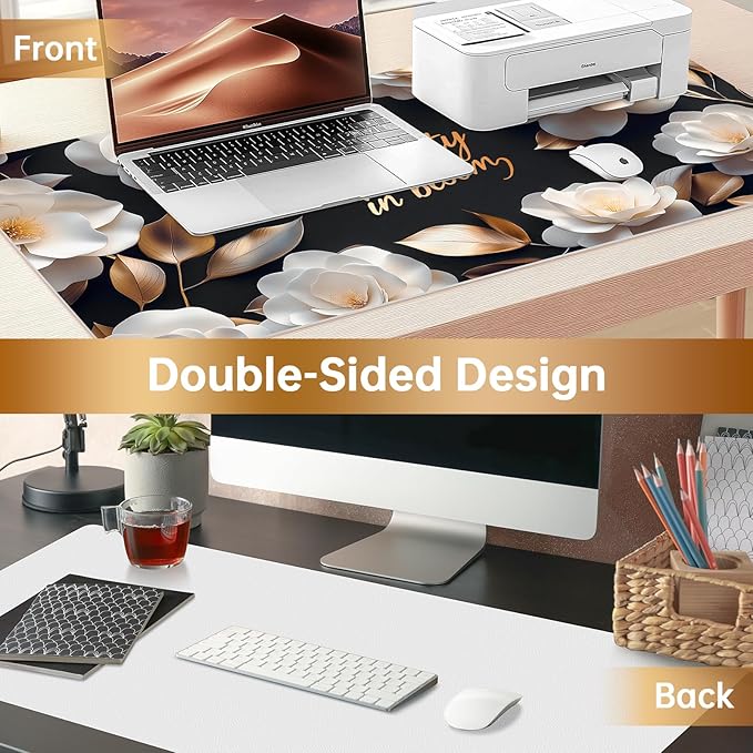 Dual-Sided PU Leather Desk Mat Blotter for Office, Home, Computer, Keyboard, Mouse, 15.7"x31.5" Large Non-Slip Writing Mat with Travel Storage Strap, Waterproof Easy to Clean (White Camellia)
