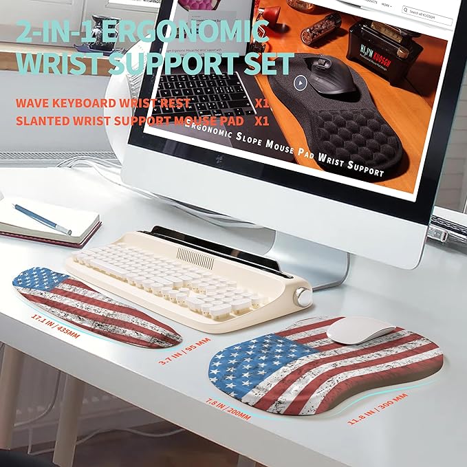 2-in-1 Ergonomic Set, Wave Rise Keyboard Wrist Rest and Massage Bulge Slope Mouse Pad Wrist Support, Cushion Memory Foam Integrated to Relieve Wrist Pain, American Flag