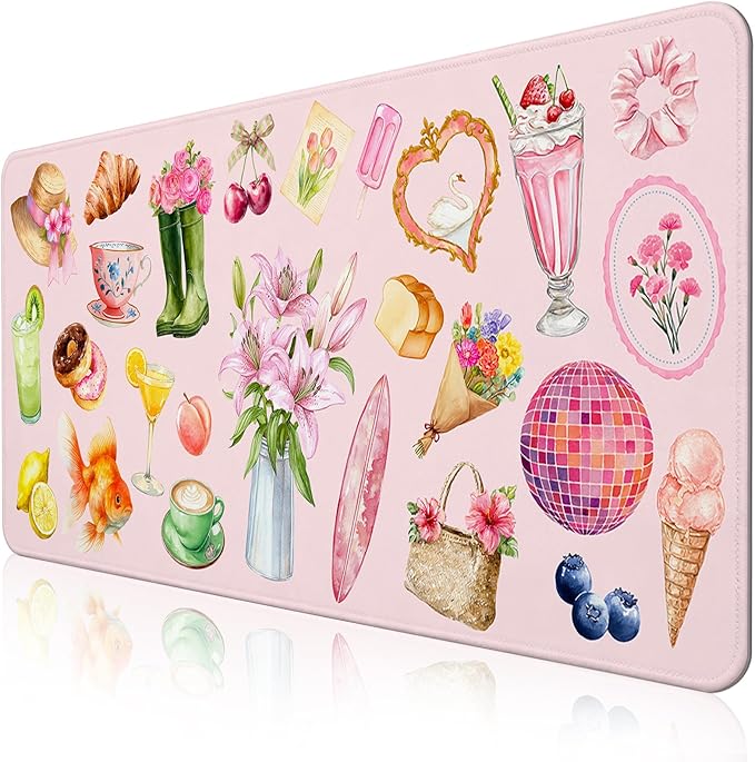 Pink Floral Mouse Pad Large 35.4×15.7 Aesthetic Cute Desk Mat for Women Girls, Non-Slip Water-Resistant Keyboard Pad for Home Office Gaming