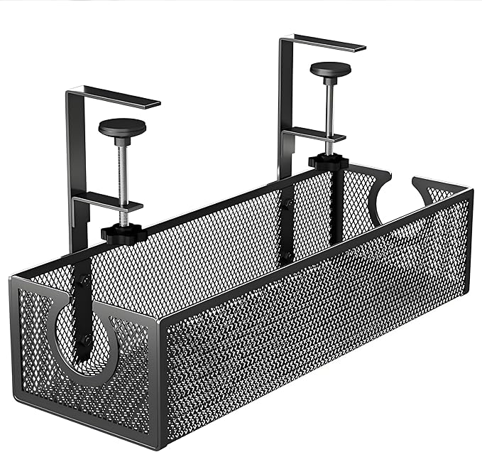 No Drill Under Desk Cable Tray Metal Mesh Wire Management with Clamp Mount 2 Hole Cord Organizer for Home Office Standing Desk Storage