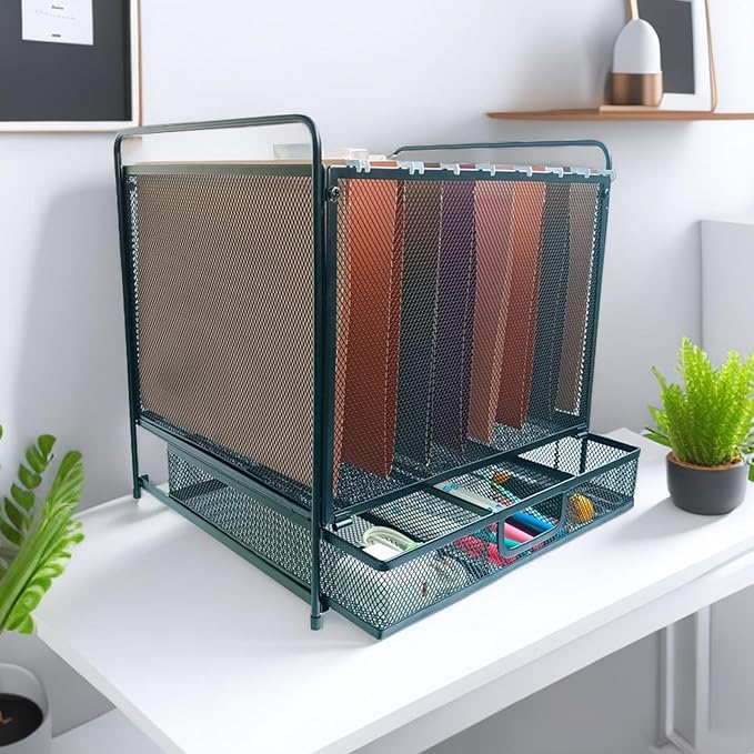 Mesh Desktop Hanging File Organizer with Drawer,Office Supplies and Home Filing Organizer,Letter Size,Black