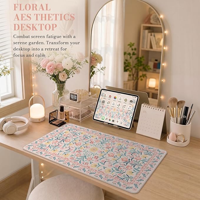 iCasso Pink Aesthetic Flower Mouse pad for Laptop, Desk Matt for Desktop 13.7"x23.6", Anti-Slip Mousepad with Stitched Edges for Laptop Computer Keyboard(Pink Floral)