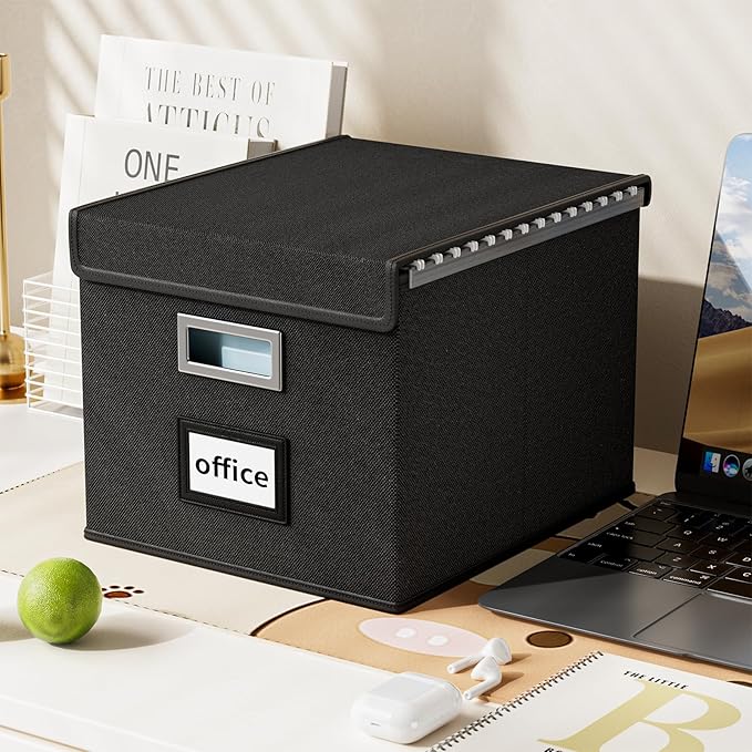 New Portable File Organizer Boxes Set of 4, Collapsible Linen Hanging Filing Storage Boxes with Plastic Slide, Decorative Home/Office Filing System for File and Folders Storage (Black)