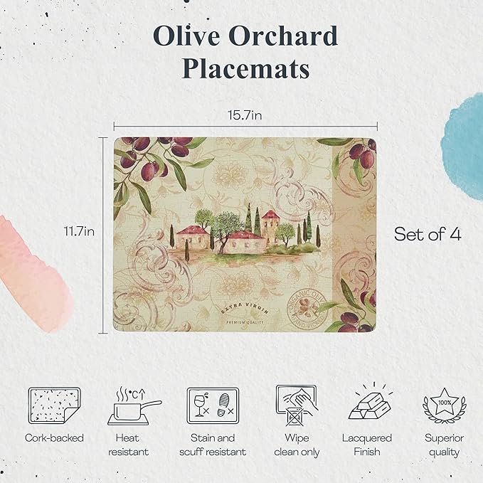 Pimpernel Olive Orchard Placemats, Set of 4 - Decorative Table Placemats with Rustic Village & Olive Branch Design, Heat & Stain Resistant, Cork Backed, Perfect for Kitchen, Dining & Entertaining