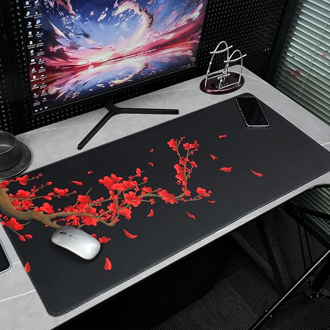 GMKWTL Large Gaming Mouse Pad for Desk, Black Plum Blossoms XXL Mouse Pad, 35.4x15.7 Inch, Waterproof, Non-Slip Rubber Base