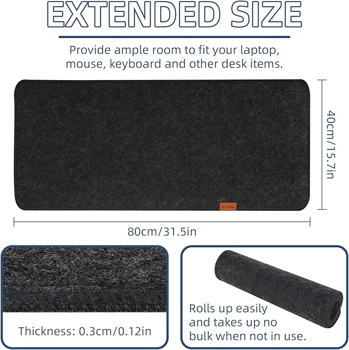 Large Felt Desk Protective Pad, 80X40cm/32''X16'' Non-Slip Felt Desk Mat Extended Gaming Mouse Pad Large Desk Pad Protector for Keyboard, Computer, Mouse, Laptop (Dark Grey)