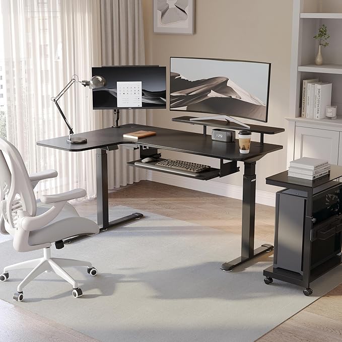 EUREKA ERGONOMIC 55 Inch L Shaped Electric Standing Desk, Height Adjustable Computer Gaming Desk with Keyboard Tray, Mouse Pad, Home Office Work,Carbon Fiber Black, Left Side