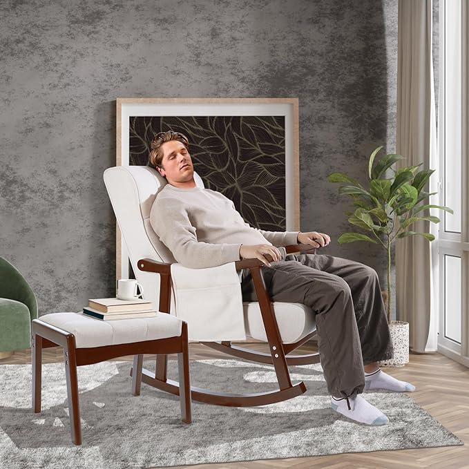 NOBLEMOOD Rocking Chair Indoor with Ottoman, Upholstered Rocking Chair with Lumbar Pillow, Side Pocket, High Back Solid Wood Frame Rocker with Footrest for Living Room