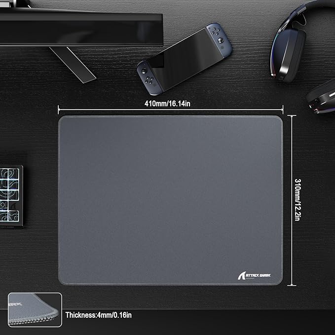 ATTACK SHARK CM02 Gaming Mouse Pad for Esports Speed Mouse mats for Desk Waterproof Surface Stitched Edges and Anti-Slip Rubber Base Size M Laminate 16.14” x 12.2” x 0.16” Gray