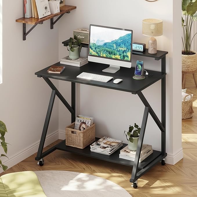 Tangkula Rolling Computer Desk Cart with Power Outlets, 32" Mobile Portable Laptop PC Desk with Monitor Stand, CPU Stand & Storage Shelf, Compact Small Desk on Wheels for Small Space (Black)