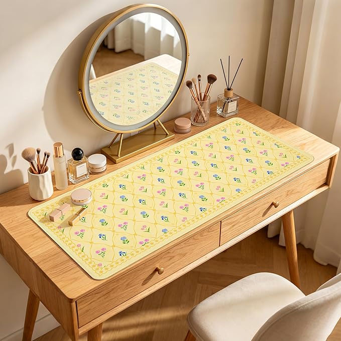 Floral Aesthetic Yellow Mouse Pad Large 35.4×15.7 Flower Girly Desk Mat for Women, Non-Slip Water-Resistant Pad for Home Office Gaming Decor