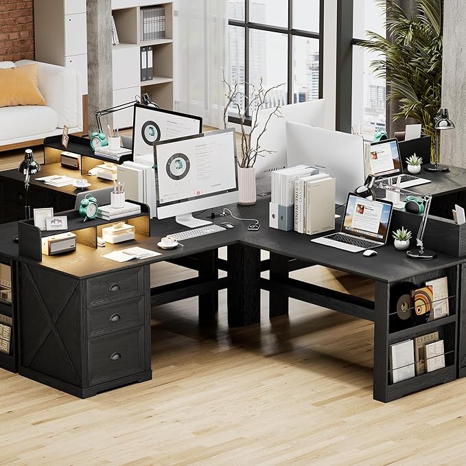 Lareth Executive L Shaped Desk with Monitor Stand, 59 inch Farmhouse Corner Computer Desk with Power Outlets & LED Lights, Home Office Desk with File Cabinet for Working Gaming Writing, Black