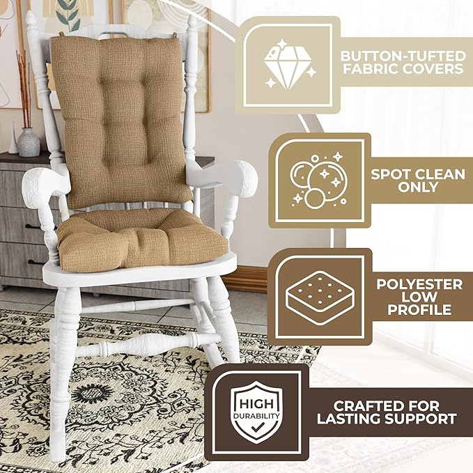 Klear Vu The Gripper Non-Slip Rocking Chair Cushion Set with Thick Padding, Includes Seat Pad & Back Pillow with Ties for Indoor Living Room Rocker, 17x17 Inches, 2 Piece Set, Tan