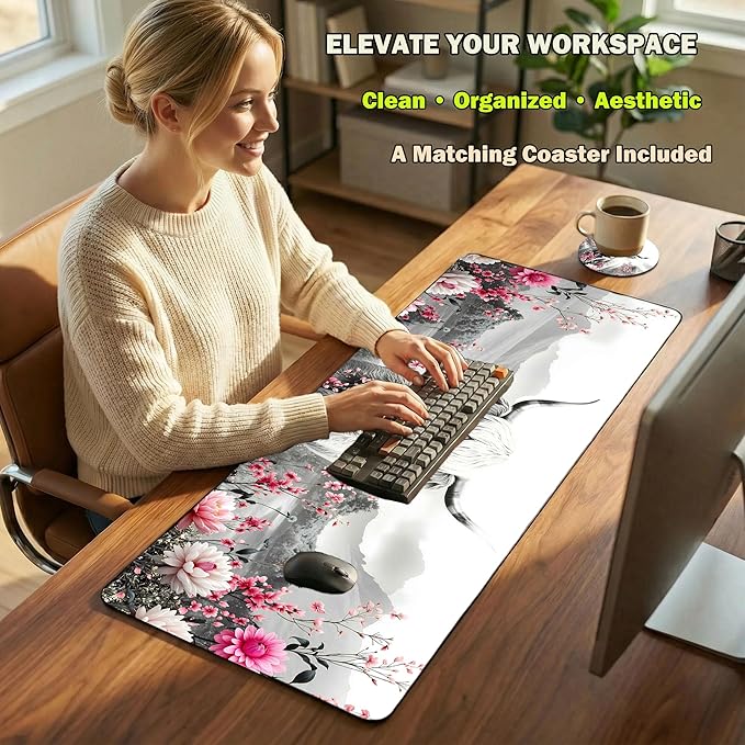Extended Large Mouse Pad 31.5 x 11.8 Inches – AiLiTeck Premium Desk Mat Mousepad with Stitched Edges, Waterproof, Non-Slip Rubber Base for Office Home, Includes Coaster–Highland Cow Floral