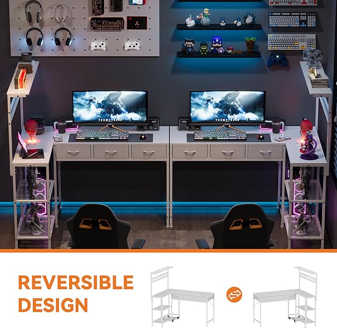 Garvee Computer Desk with 3 Fabric Drawers, 50.4 in l-Desk Display Shelves with Led Light & Power Outlet, PC Table Workstation for Home Office, Gaming Desk for Small Spaces, White