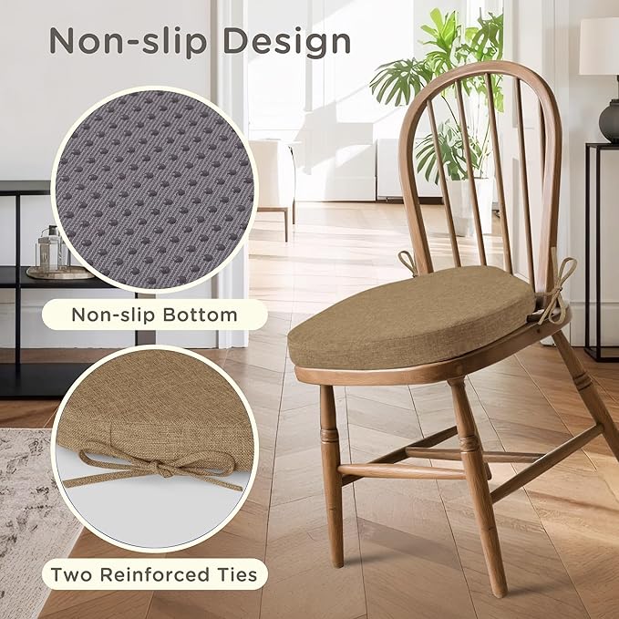 Windsor Chair Cushions for Dining Chairs 4 Pack Non Slip Kitchen Seat Cushion with Ties and Washable Covers Indoor Comfortable Seat Pad with Thick Foam 16.5" x 15.5" x 2" Brown